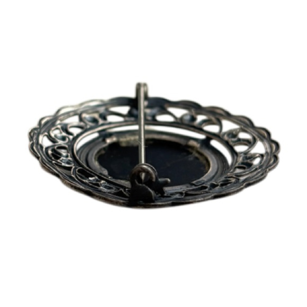 Vintage Sterling Silver Brooch Pin Onyx Black Stone Ornate Scrolled Filigree - Picture 11 of 15